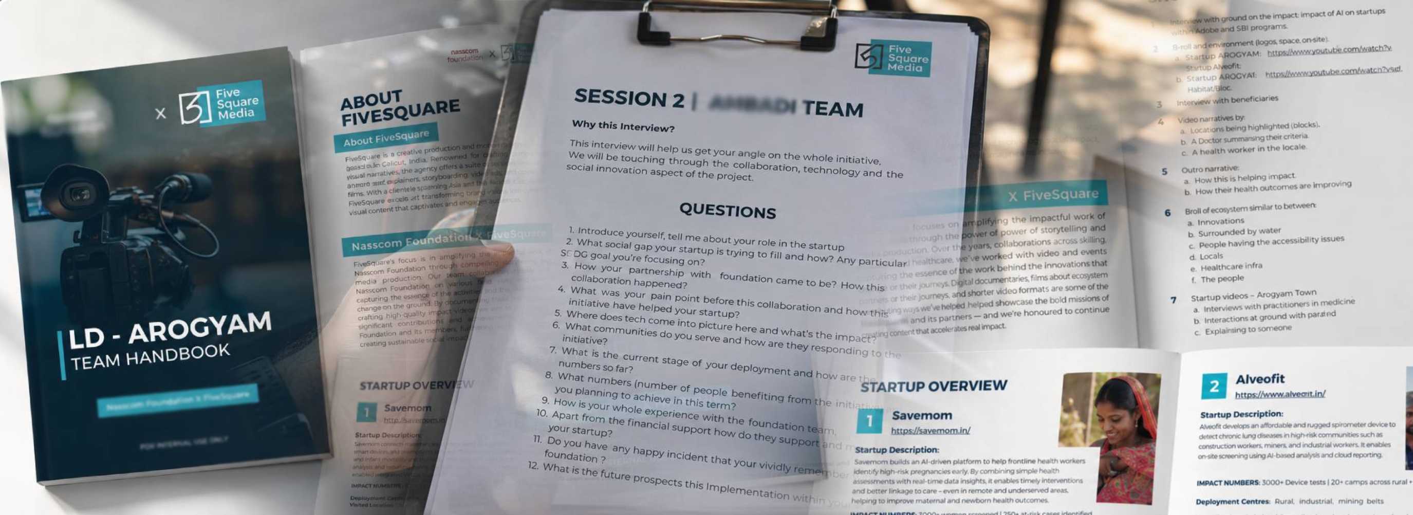 A Fivesquare interview question sheet on a clipboard and a team handbook, photographed on location