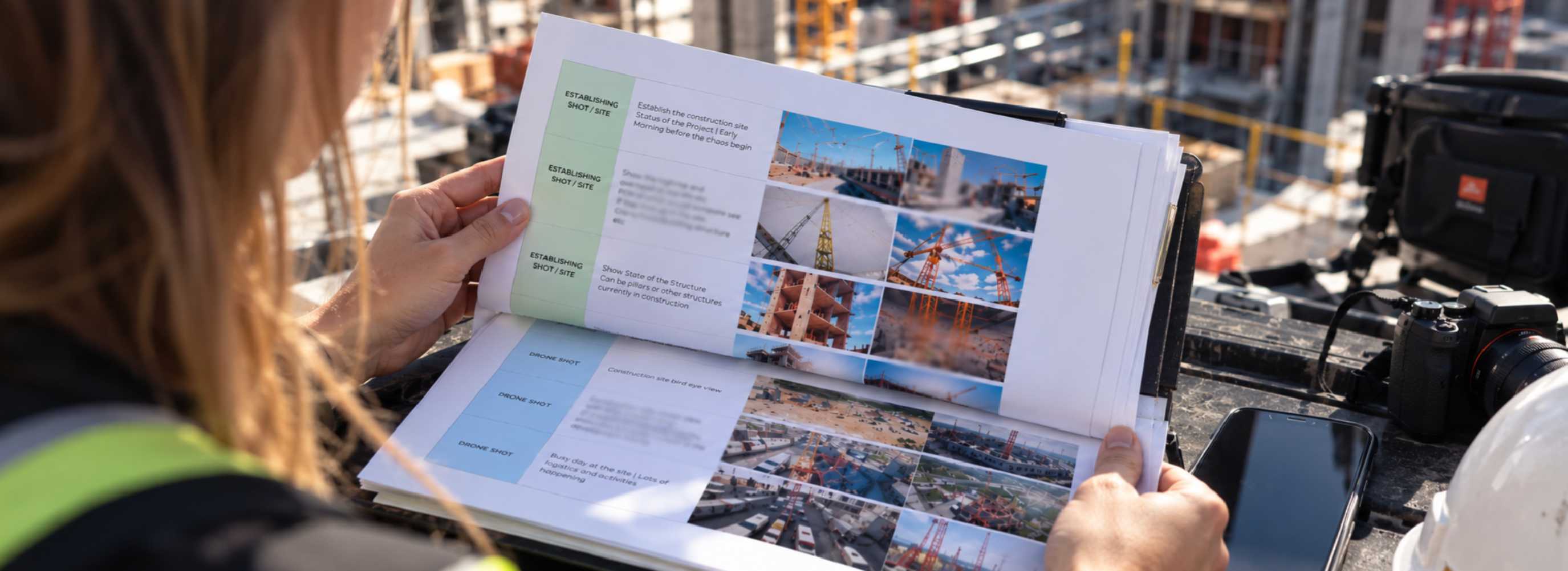 A Fivesquare shot list open on a construction site, with reference frames beside each shot